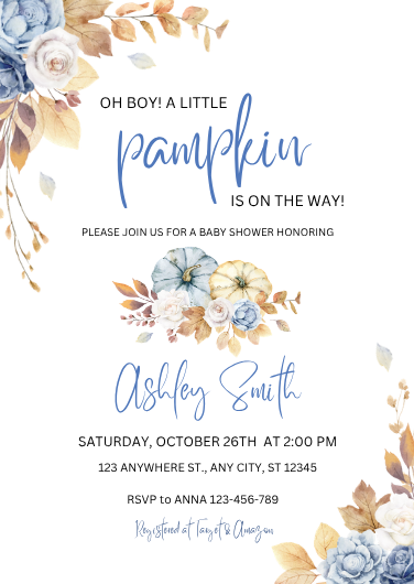 Blue & Beige Watercolor Pumpkin Baby Shower Invitation