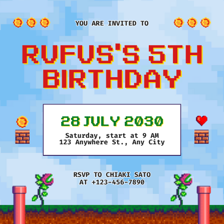 Playful Retro Pixel Art Birthday Invitation Template