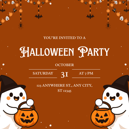 Brown & Orange Cute Ghost Halloween Party Invitation