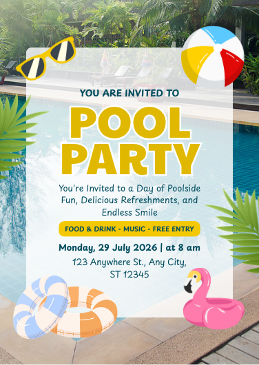 Blue and Yellow Playful Pool Party Invitation Template