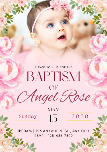 Pink and White Floral Photo Baptism Invitation Template
