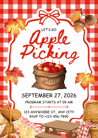 Playful Red and White Apple Picking Harvest Invitation