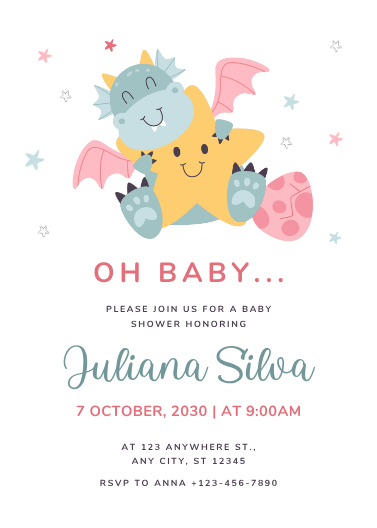 Cute Pastel Dragon Baby Shower Invitation Template