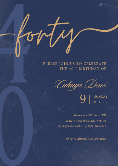 Navy and Gold Elegant 40th Birthday Invitation Template