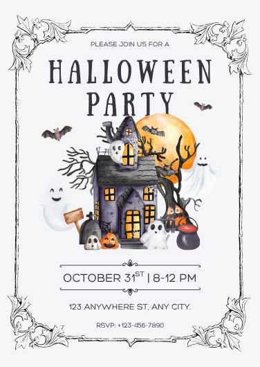 Watercolor Haunted House Halloween Party Invitation Template