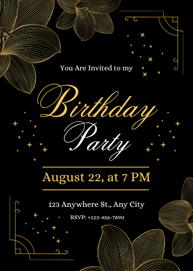 Elegant Black and Gold Floral Birthday Party Invitation