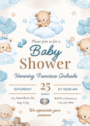 Watercolor Teddy Bear Baby Boy Shower Invite Template