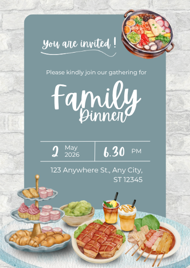Blue and White Watercolor Family Dinner Invitation