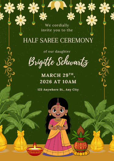 Green and Yellow Illustrated Half Saree Ceremony Invitation