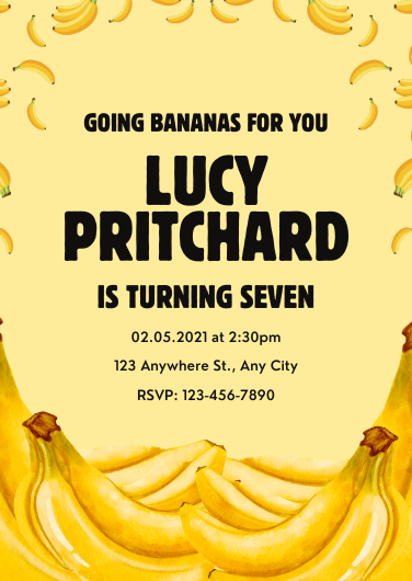 Yellow Banana Themed Illustrated Birthday Invitation