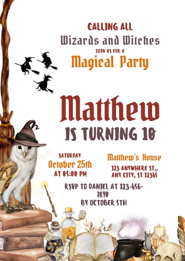 Brown and White Illustrated Magical Birthday Invitation