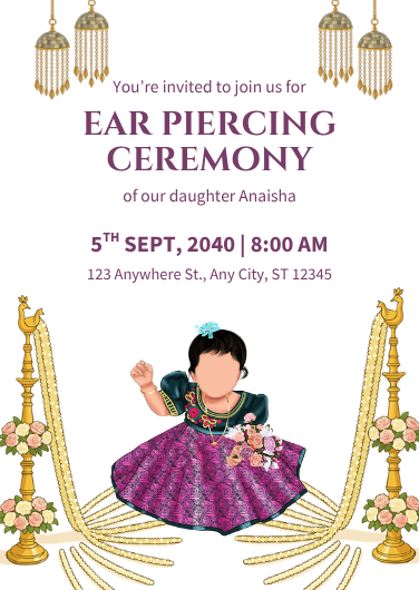 Purple and Gold Ear Piercing Ceremony Invitation Template