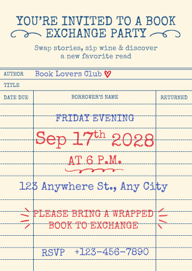 Vintage Library Card Book Exchange Invitation Template