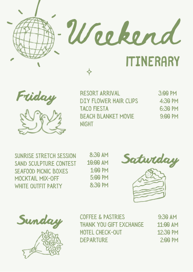 Retro Green & White Bachelorette Weekend Itinerary Template