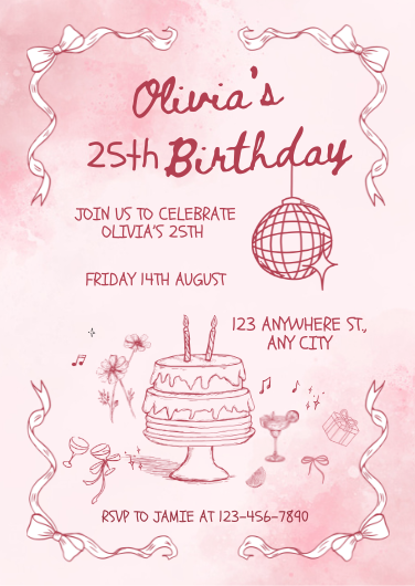 Editable Pink Illustrated Birthday Party Invitation