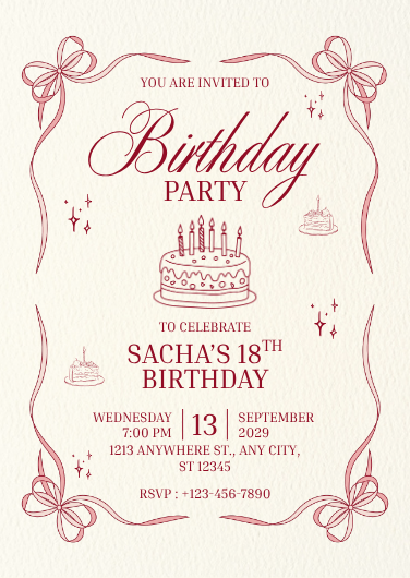 Pink Ribbon & Cake 18th Birthday Invitation Design