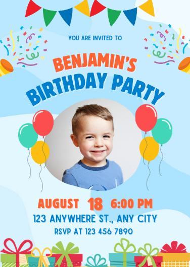 Blue Playful Boy's Photo Birthday Party Invitation