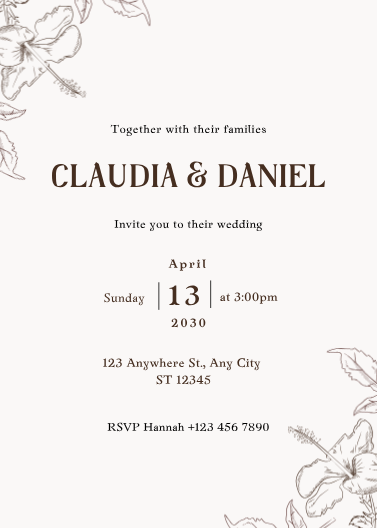 Brown Floral Sketch Border Wedding Invitation Template