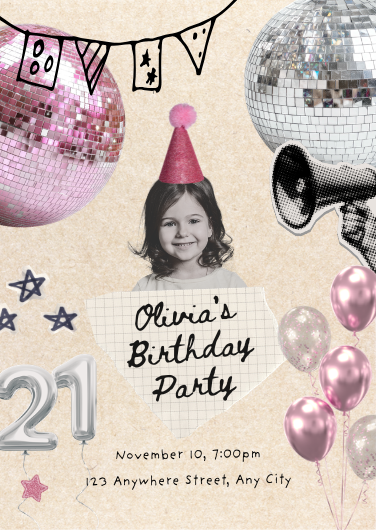 Pink & Silver Retro Disco Birthday Invitation Template