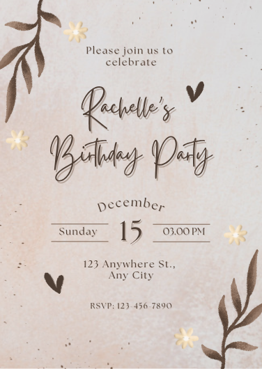 Brown Floral Watercolor Leaves Birthday Invitation Template