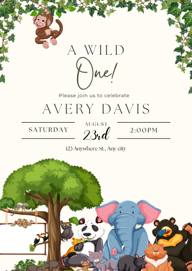 Editable Wild One Safari Animal Birthday Invitation