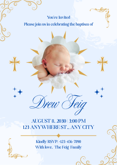 Blue and Gold Baby Boy Baptism Invitation Template