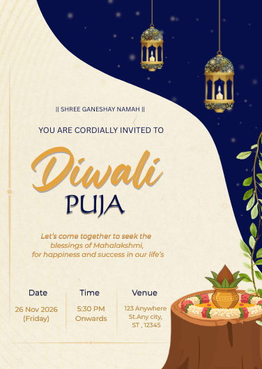 Editable Navy Blue and Gold Diwali Puja Invitation Template