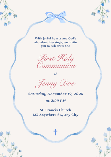 Blue and Pink Traditional First Communion Invitation