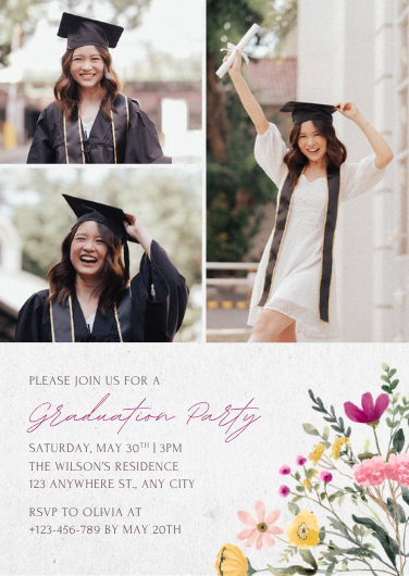 Pink and Yellow Watercolor Floral Graduation Invitation