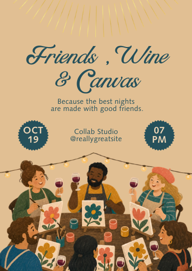 Beige and Blue Illustrated Paint and Sip Invitation