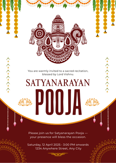 Red and White Traditional Satyanarayan Pooja Invitation