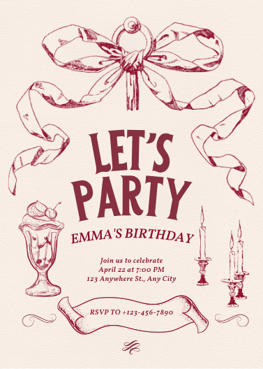 Red & Beige Vintage Illustrative Birthday Invitation