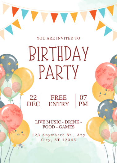 Watercolor Illustrative Kids Birthday Invitation Template