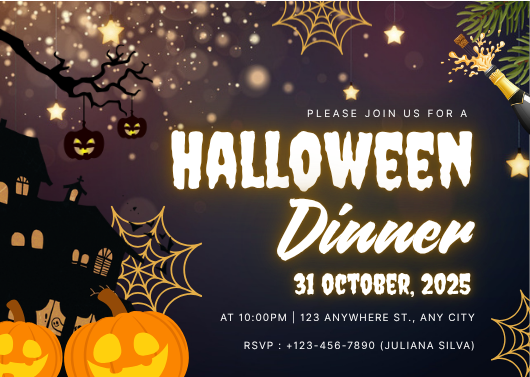 Spooky Blue and Gold Halloween Dinner Invitation Template