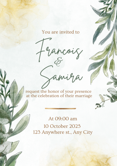 Green and Gold Watercolor Foliage Wedding Invitation