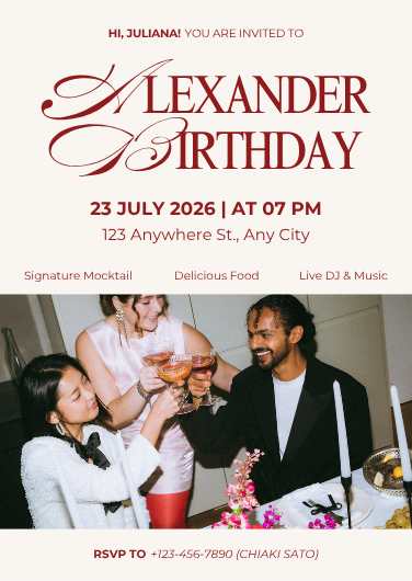 Red and Cream Elegant Minimalist Birthday Party Invitation