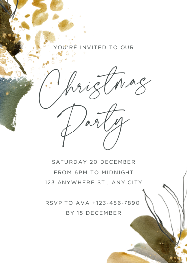 Muted Green & Gold Watercolor Christmas Party Invitation