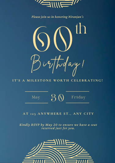 Elegant Blue and Gold 60th Birthday Invitation Template
