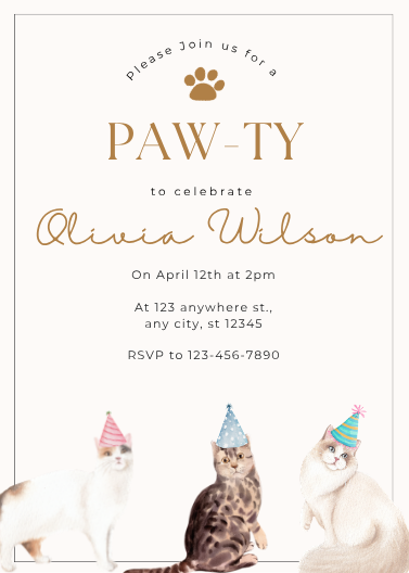 Gold Watercolor Cat Birthday Paw-ty Invitation Template