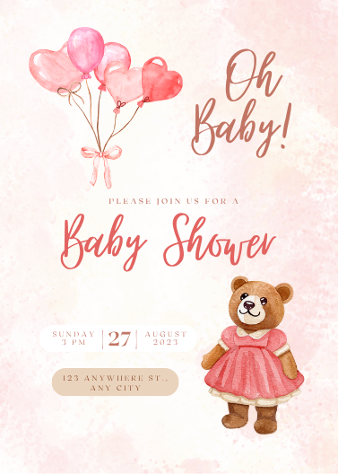 Pink Watercolor Teddy Bear Baby Shower Invitation