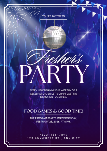 Blue and White Dynamic Freshers Party Invitation Template
