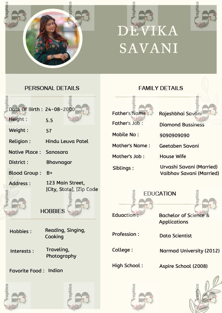 Professional Marriage Biodata for Female Template