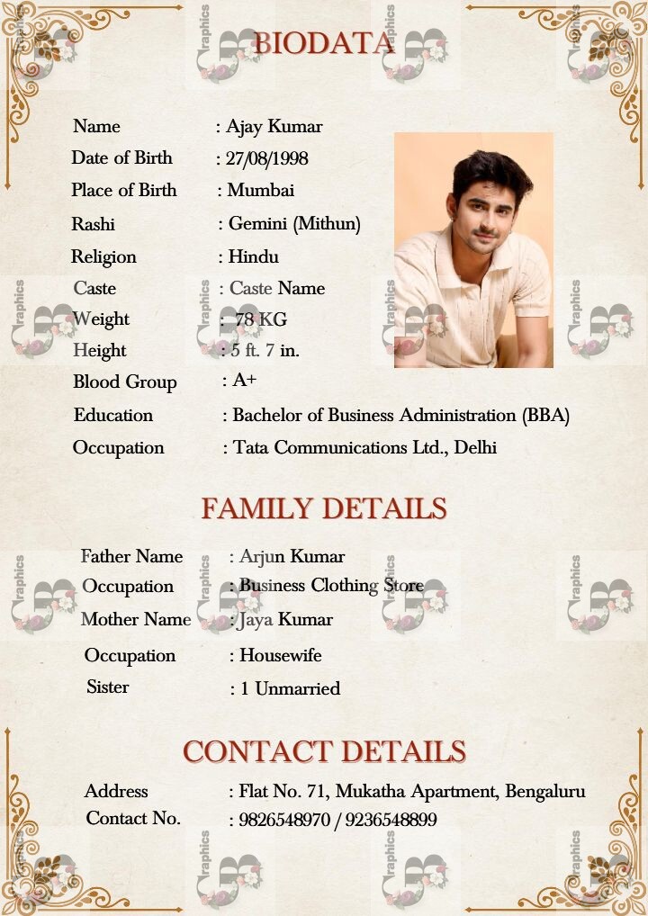 Male Biodata for Marriage with Classic Profile Design