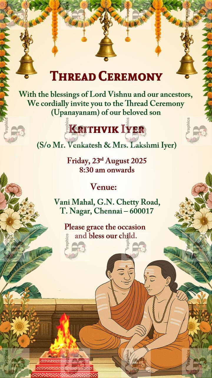 Thread ceremony invitation video with temple vibe