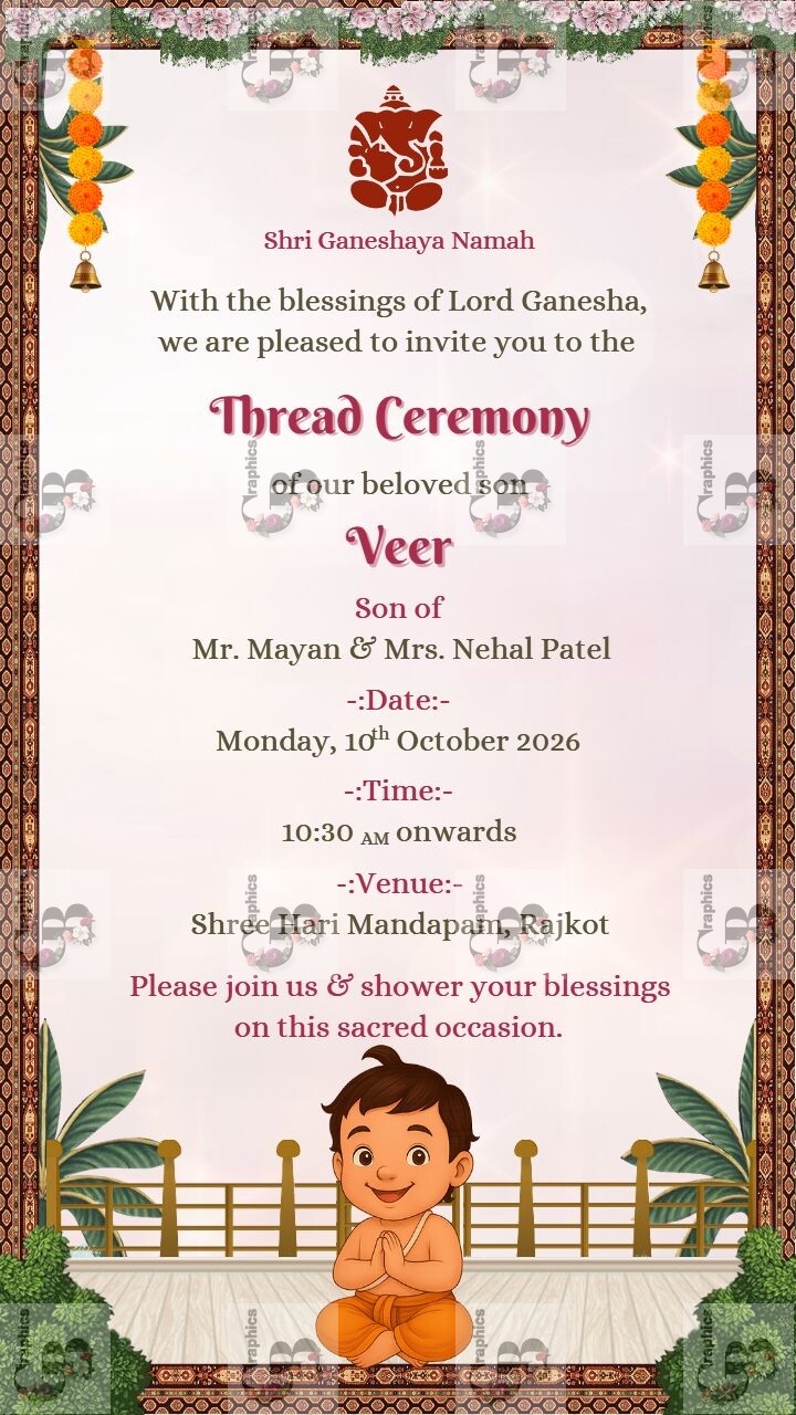 Thread ceremony invitation in English with cute cartoon