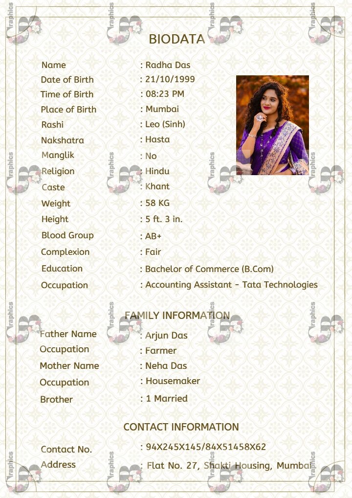 Wedding Biodata for Girl in Graceful Heritage Design