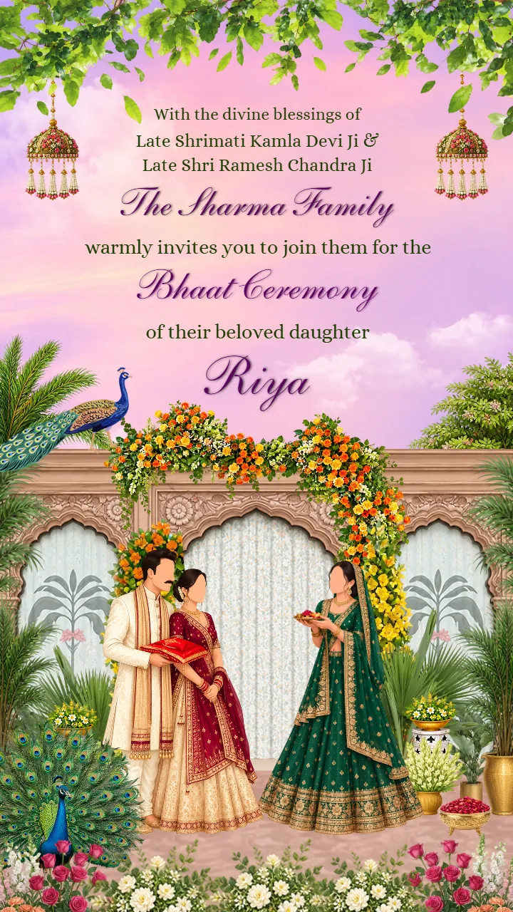 Bhaat Ceremony Invitation Video with Pastel Peacock Garden