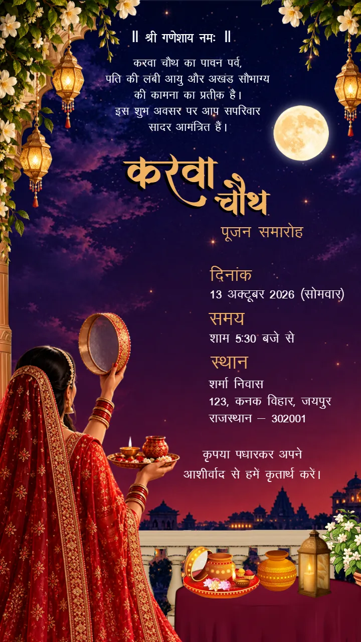 Karwa Chauth Invitation Card In Hindi for Custom Designs