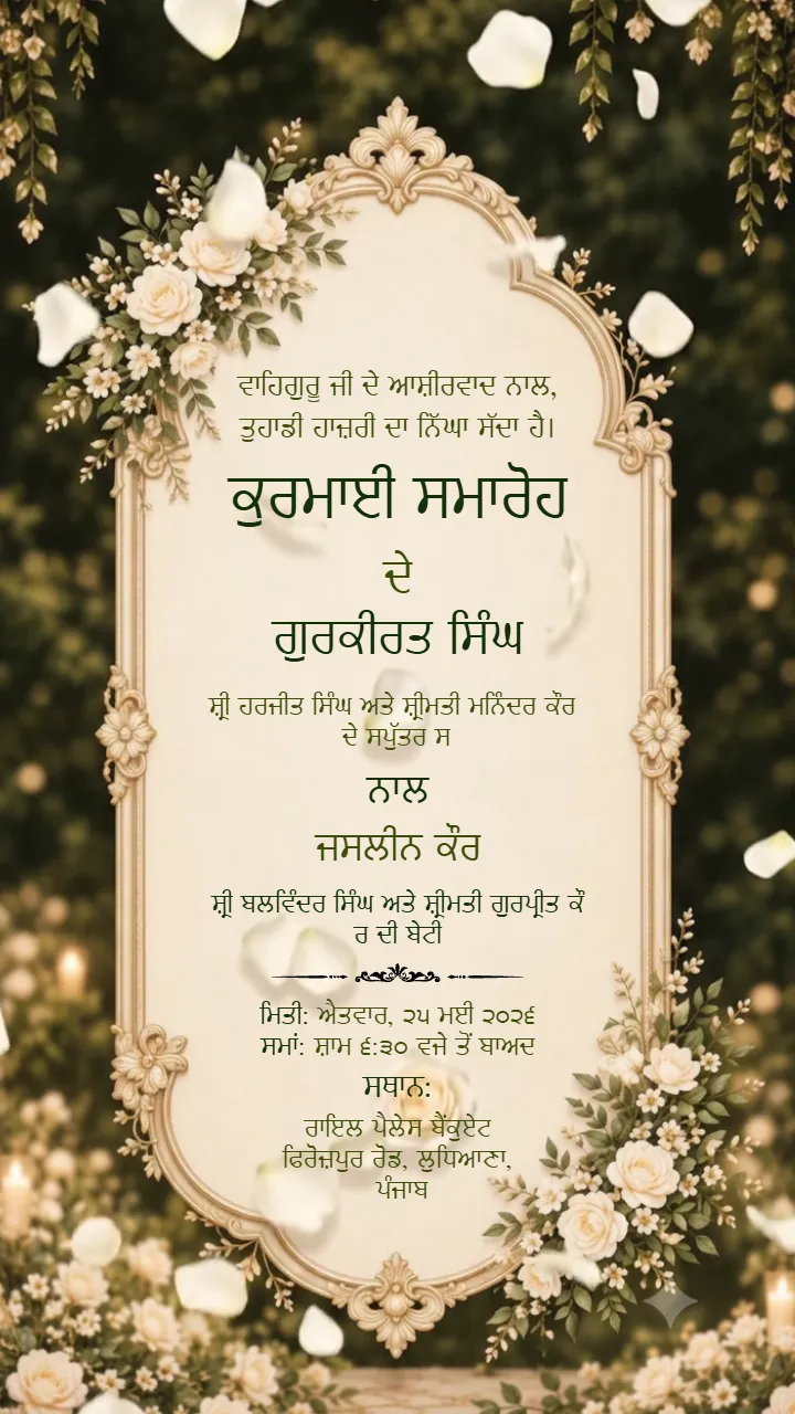 3D Punjabi Roka Ceremony Invitation Video Cream Gold Floral