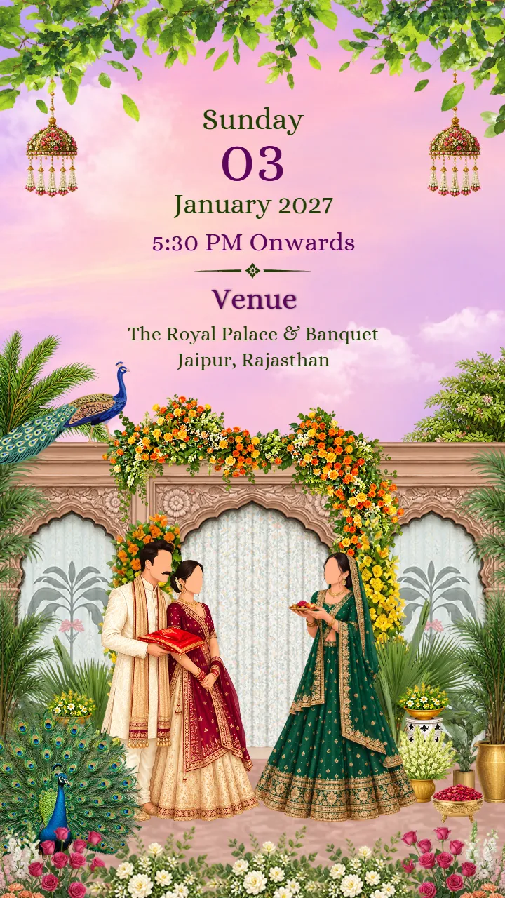 Bhaat Ceremony Invitation Video with Pastel Peacock Garden